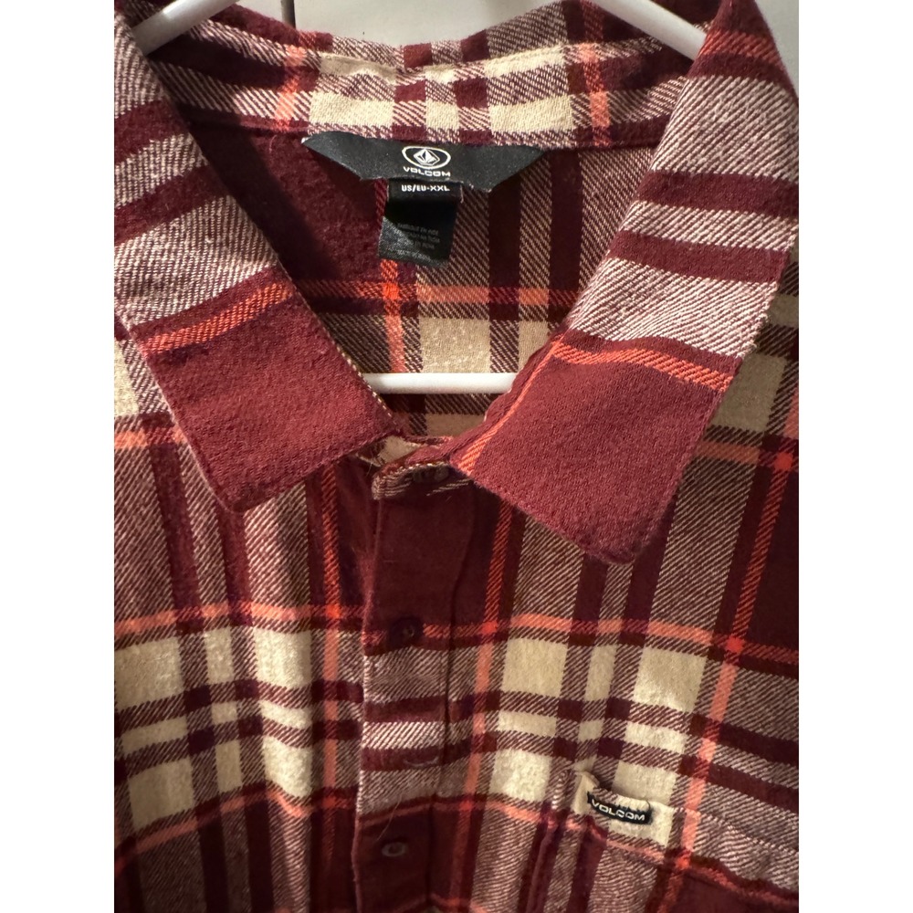 Volcom Men's Long Sleeve Plaid Flannel Shirt Burgundy‎ Tan XXL